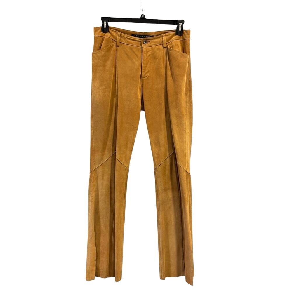 Y2K Suede Leather Festival Pants Flare Tan slit trousers DKNY Cowgirl, Size 10